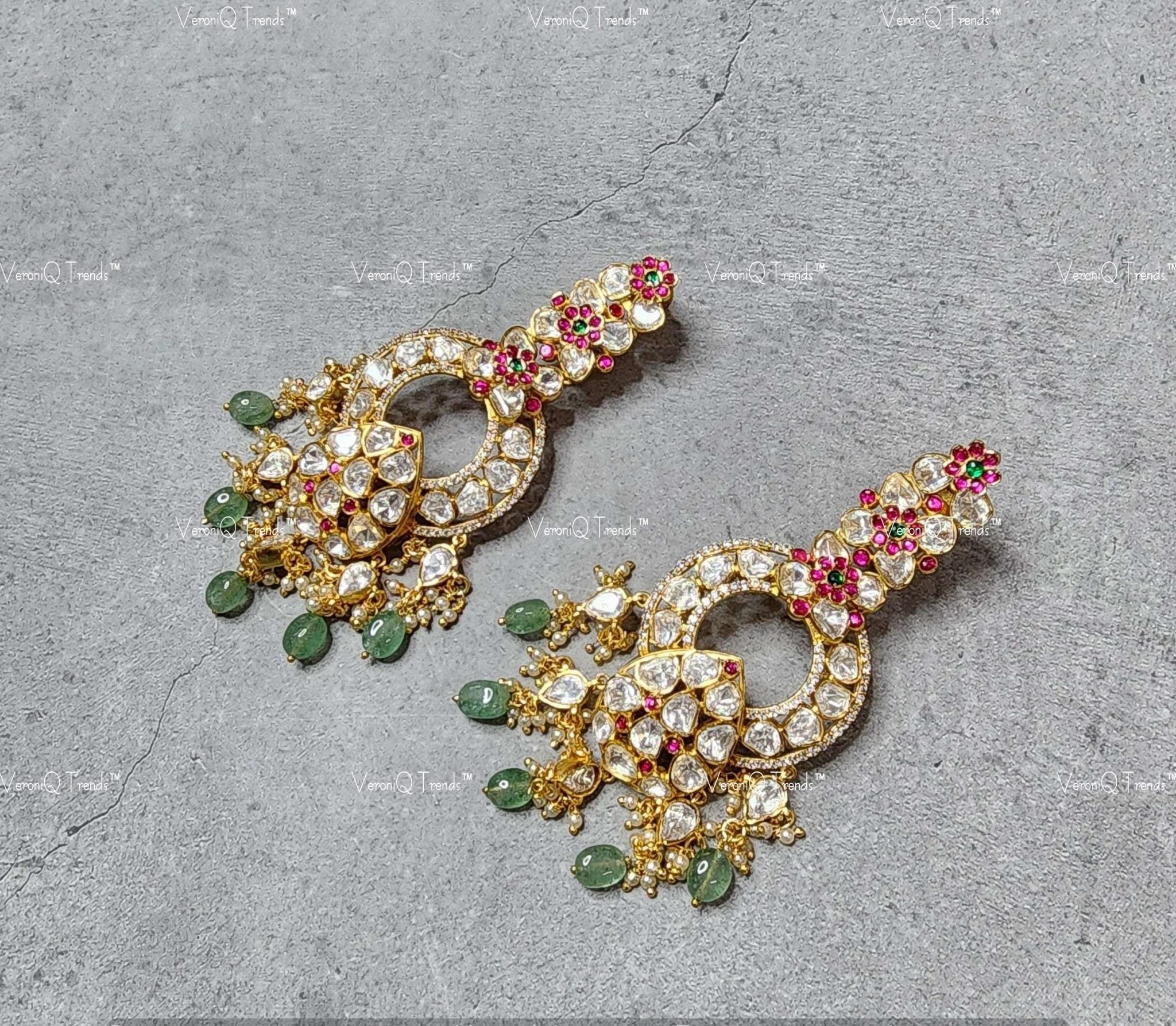 VeroniQ Trends-Ruby Pink And Polki Dangler Brass Moissanite Earrings With Emerald Green Beads Polki-Gold Plated-Wedding Jewellery-Punjabi Jewellery-South Indian-Thappa Jewellery