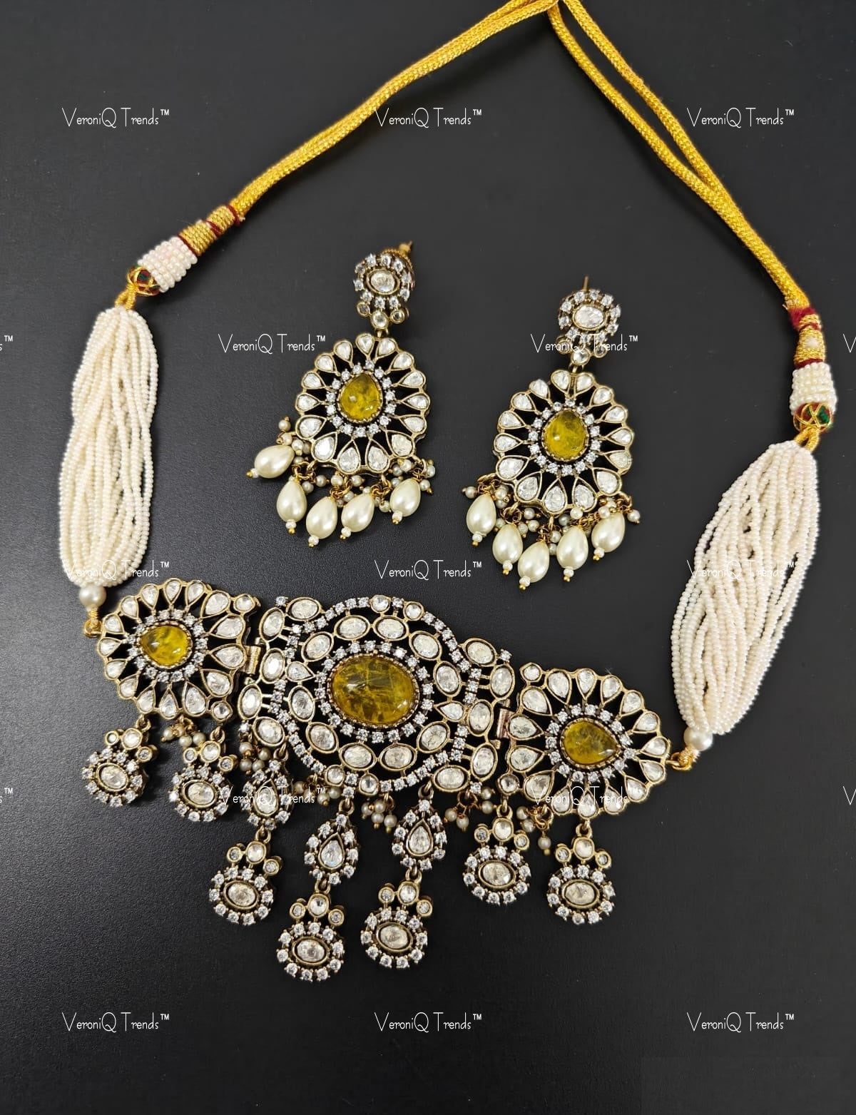VeroniQ Trends-Traditional Multistrand Pearl Polki Choker Necklace Polki-Fresh Water Pearl-Gold Plated-Wedding Jewellery-Punjabi Jewellery-South Indian-Thappa Jewellery
