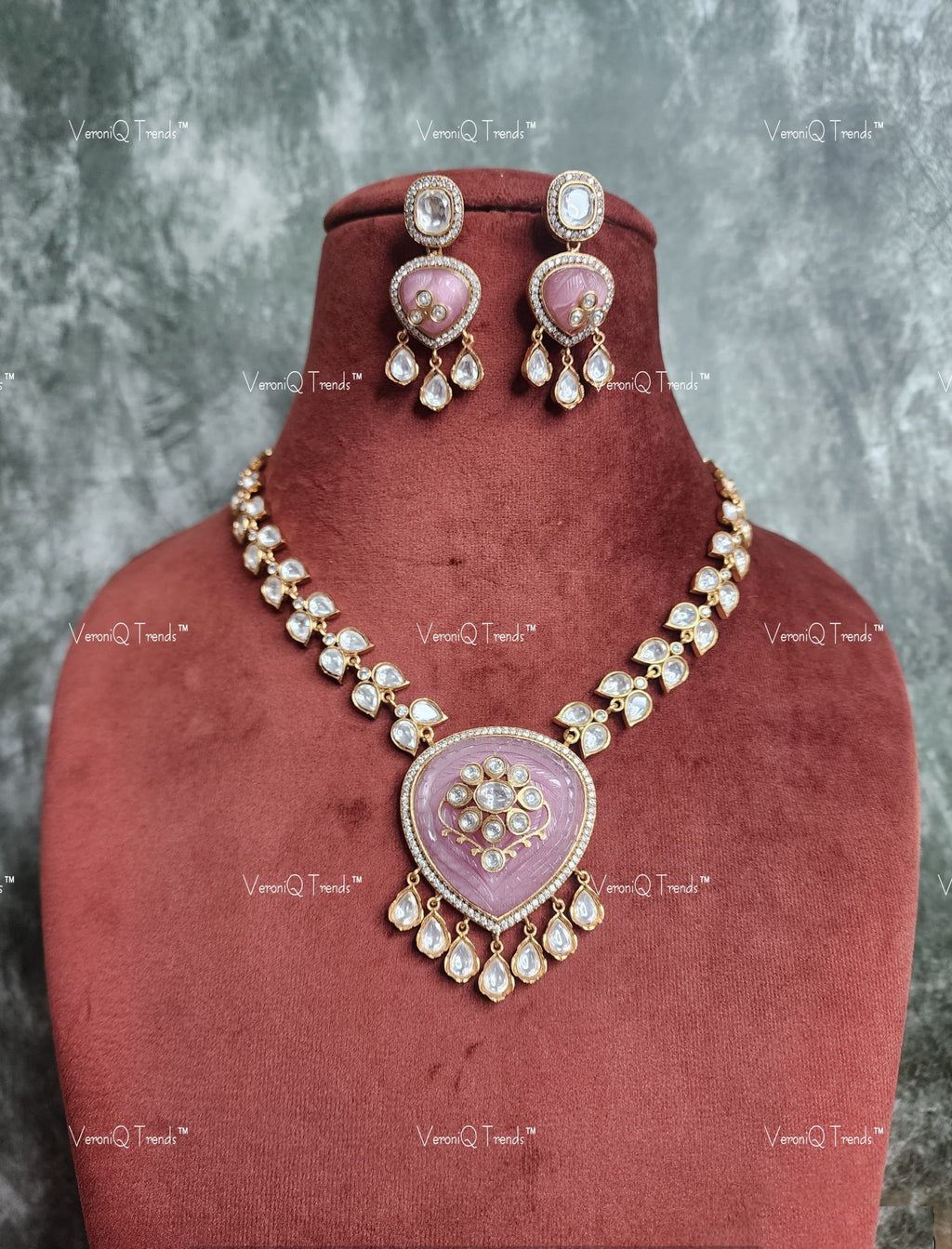 VeroniQ Trends-Designer Polki Chain With Meenakari Pendant Polki-Gold Plated-Wedding Jewellery-Punjabi Jewellery-South Indian-Thappa Jewellery