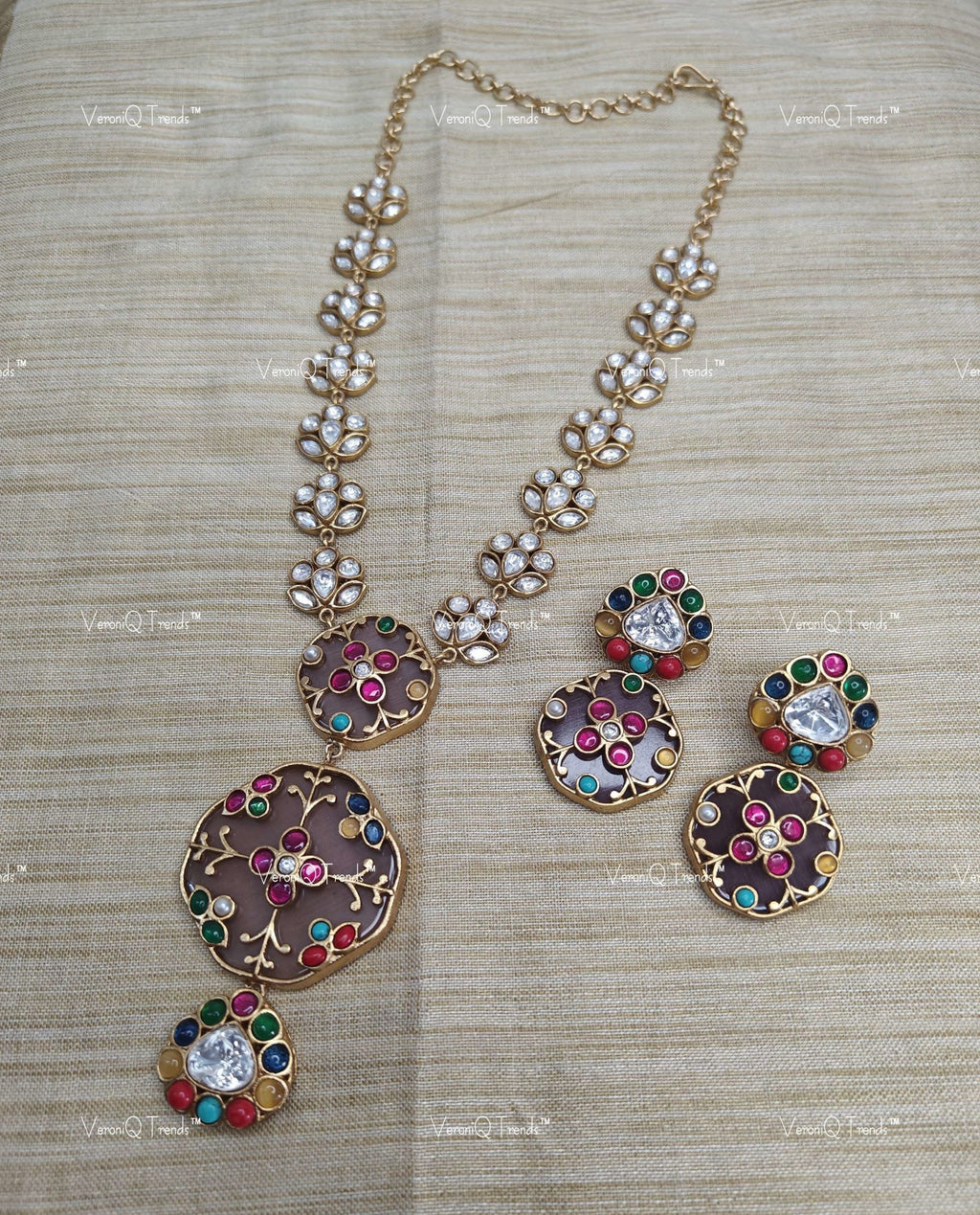 VeroniQ Trends-Flower Design Polki Chain With Meenakari Pendant Polki-Gold Plated-Wedding Jewellery-Punjabi Jewellery-South Indian-Thappa Jewellery