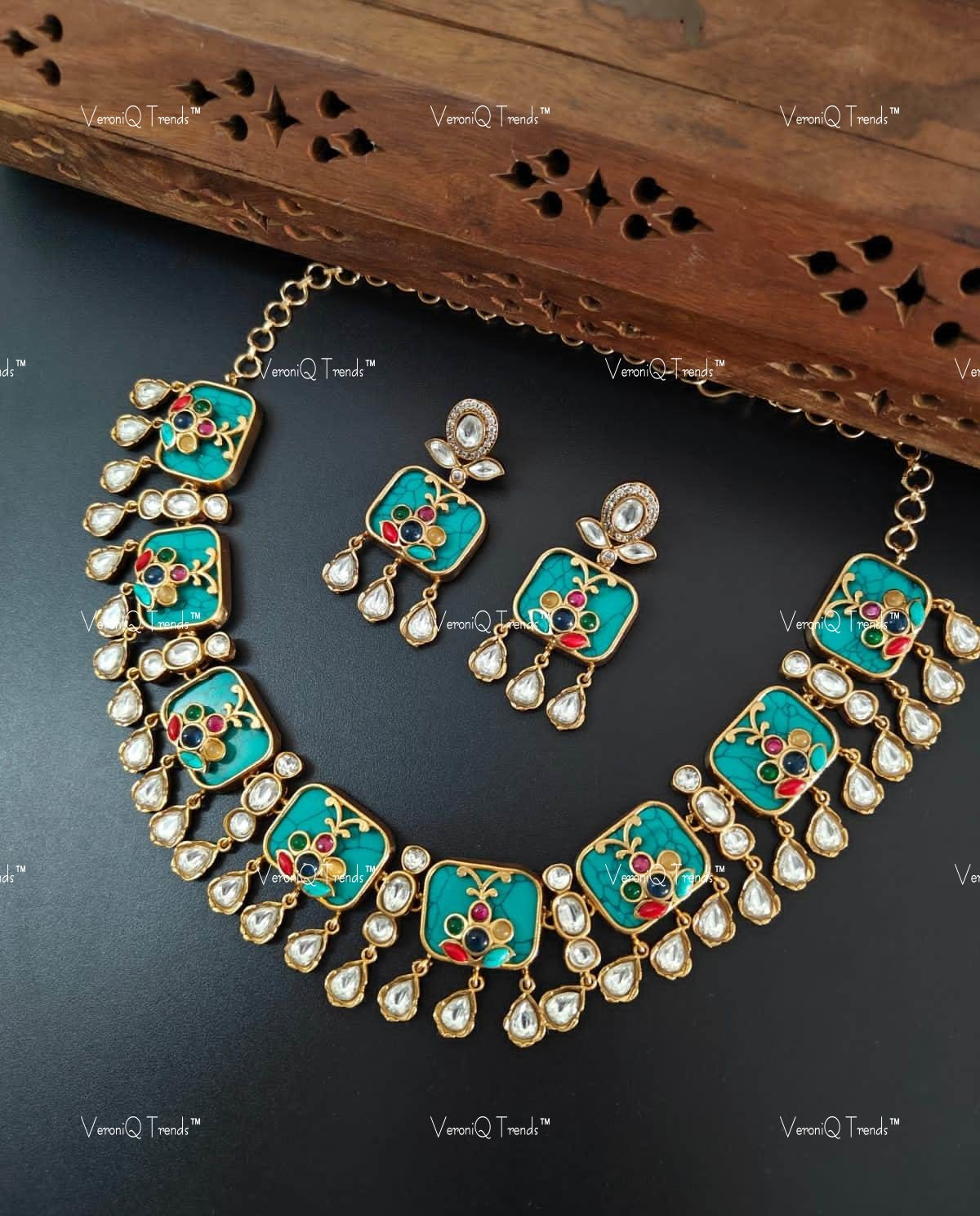 VeroniQ Trends-Sky Blue Gold Plated Kundan Polki Drop Choker Necklace Polki-Gold Plated-Wedding Jewellery-Punjabi Jewellery-South Indian-Thappa Jewellery