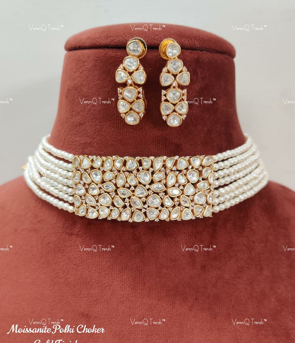 VeroniQ Trends-Multistrand Pearl And Polki Choker Necklace Polki-Gold Plated-Wedding Jewellery-Punjabi Jewellery-South Indian-Thappa Jewellery