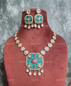 VeroniQ Trends-Flower Design Diamond Look Polki Necklace With Meenakari Pendant Polki-Gold Plated-Wedding Jewelry-Punjabi Jewelry-South Indian-Thappa Jewelry