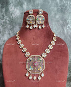 VeroniQ Trends-Flower Design Diamond Look Polki Necklace With Meenakari Pendant Polki-Gold Plated-Wedding Jewelry-Punjabi Jewelry-South Indian-Thappa Jewelry