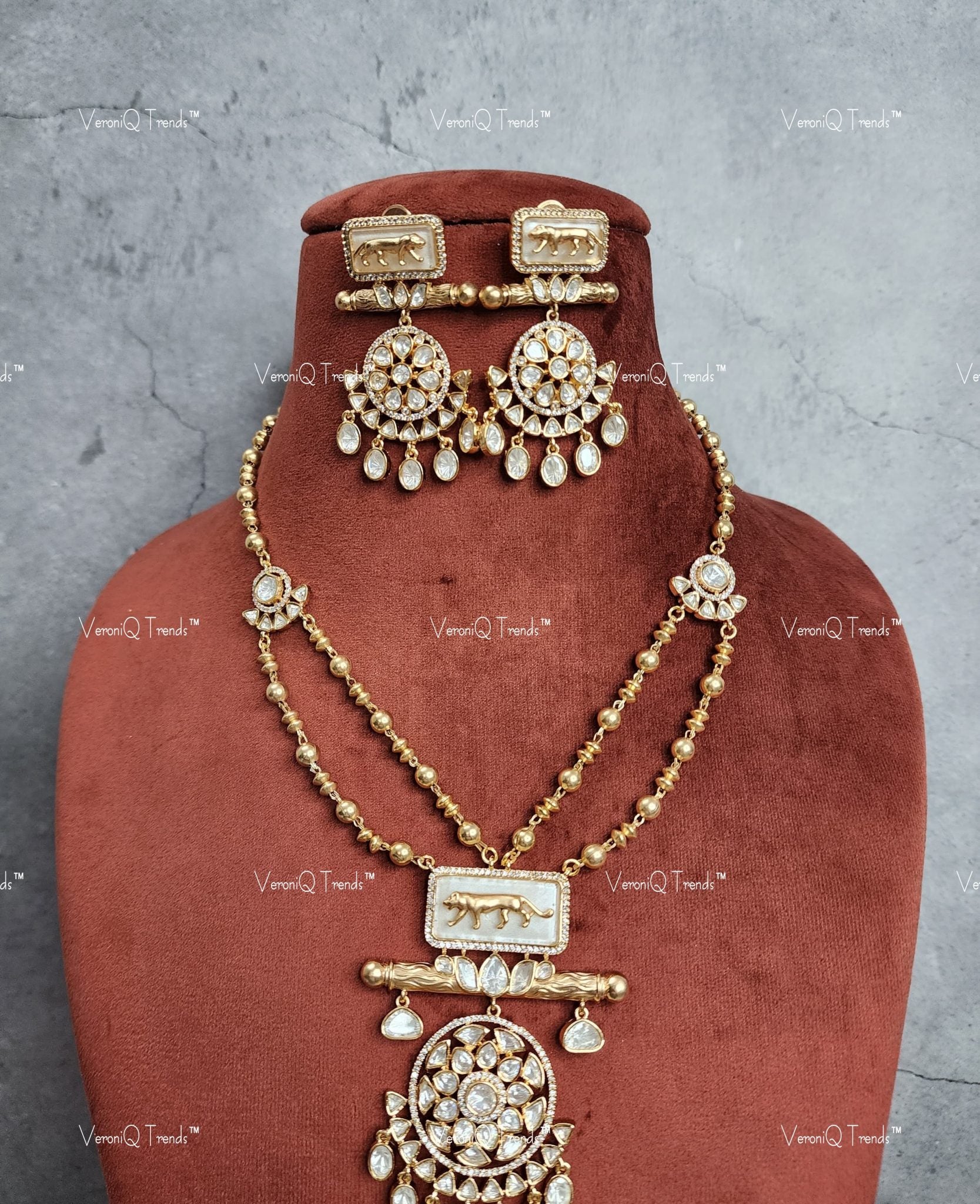VeroniQ Trends-Double line Tiger Print Polki Necklace Polki-Gold Plated-Wedding Jewellery-Punjabi Jewellery-South Indian-Thappa Jewellery