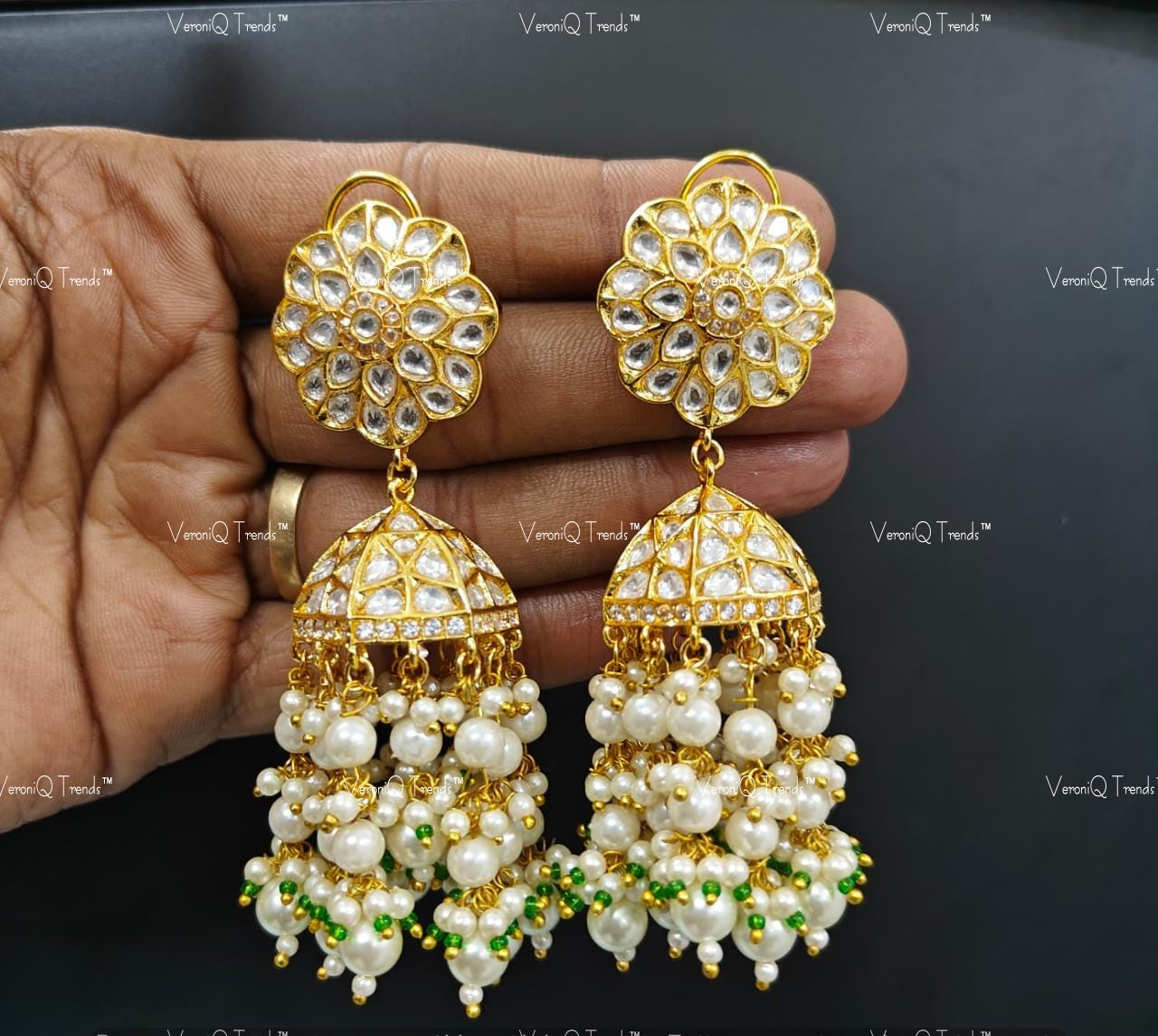VeroniQ Trends-Pearl And Polki Jhumki Earrings Polki-Fresh Water Pearl-Gold Plated-Wedding Jewellery-Punjabi Jewellery-South Indian-Thappa Jewellery