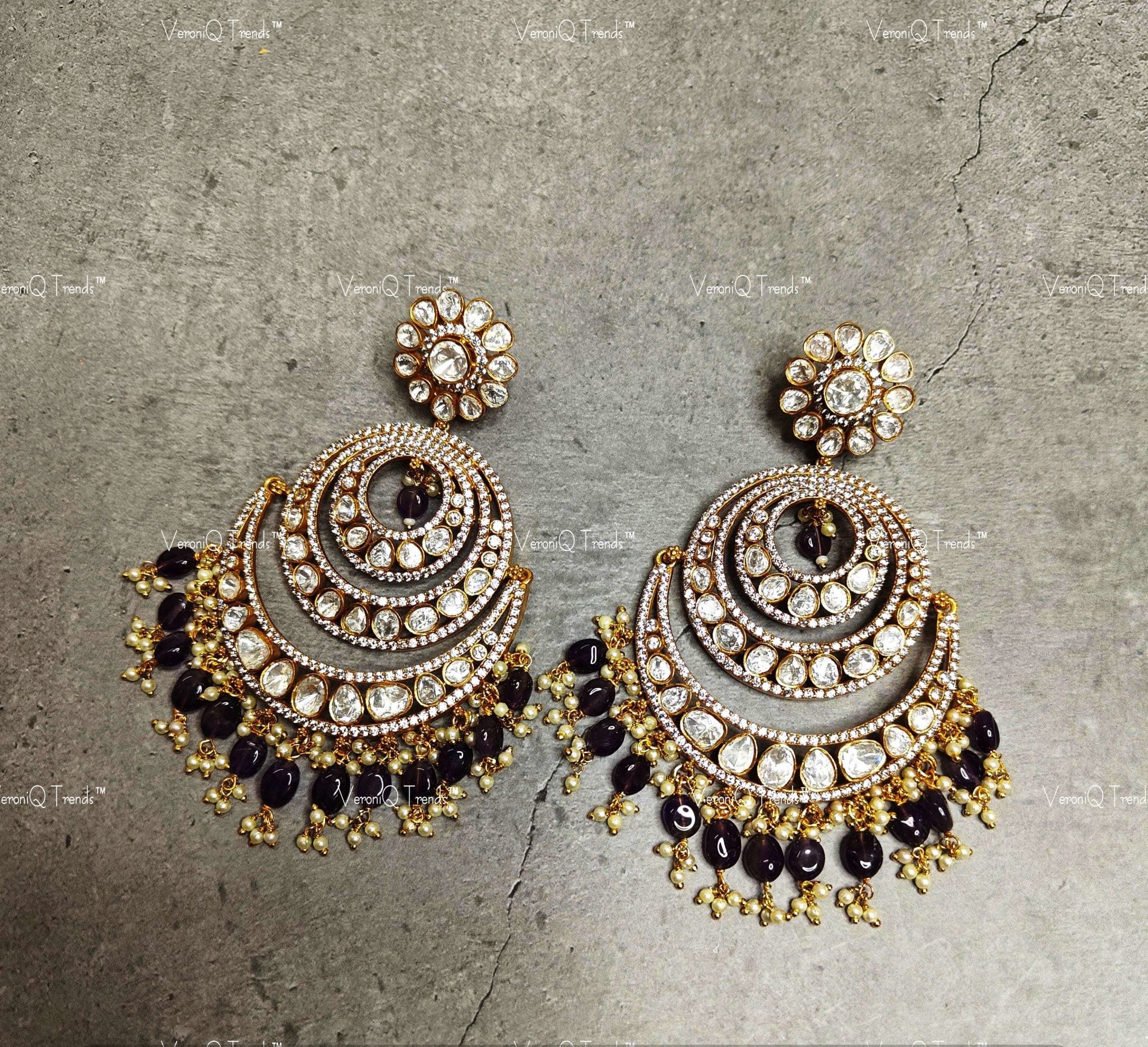 VeroniQ Trends-Black Beads And Polki Chandbali Earrings Polki-Gold Plated-Wedding Jewellery-Punjabi Jewellery-South Indian-Thappa Jewellery