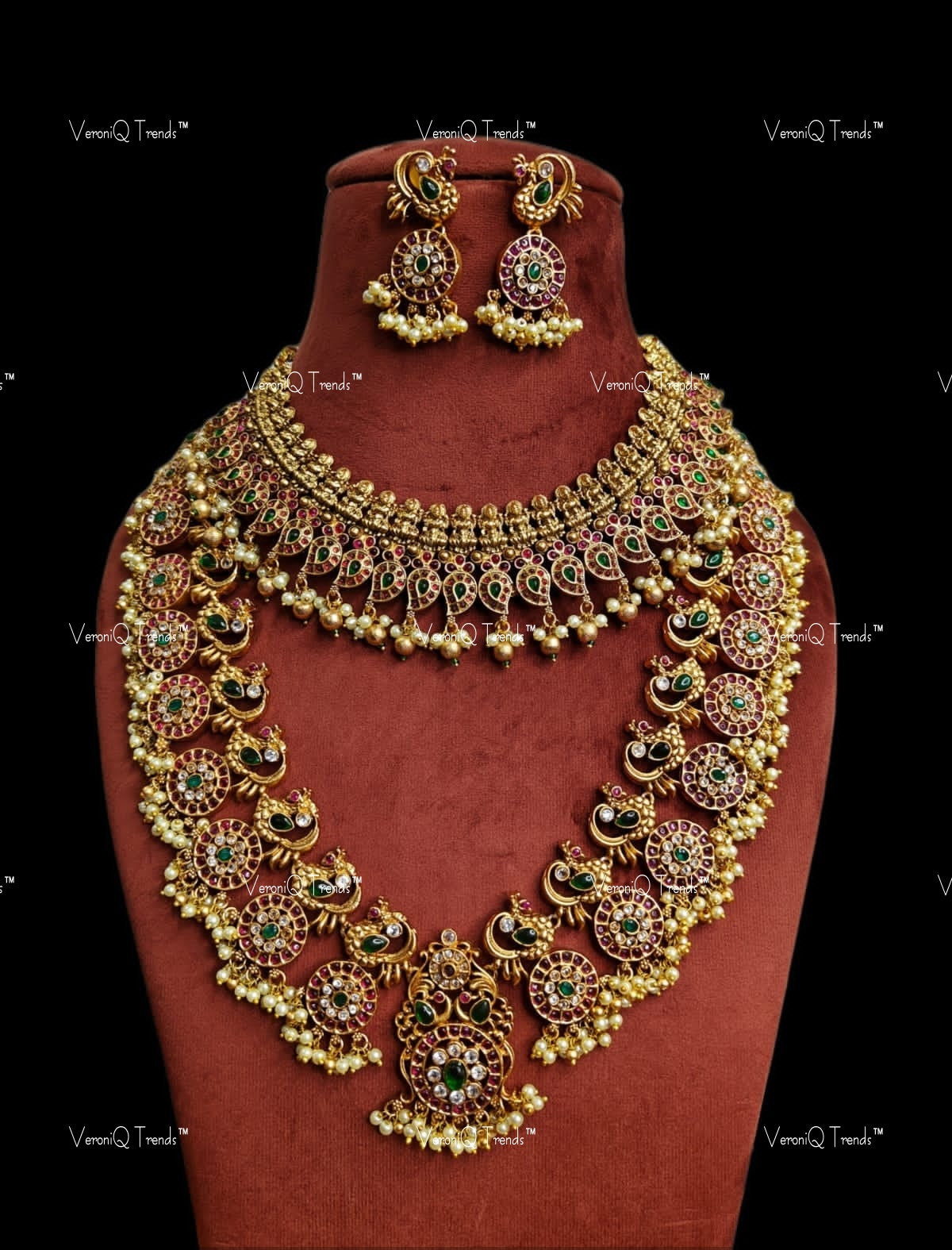 VeroniQ Trends-Temple Peacock Pachi Kundan Polki Choker and Long Necklace Polki-Gold Plated-Wedding Jewellery-Punjabi Jewellery-South Indian-Thappa Jewellery