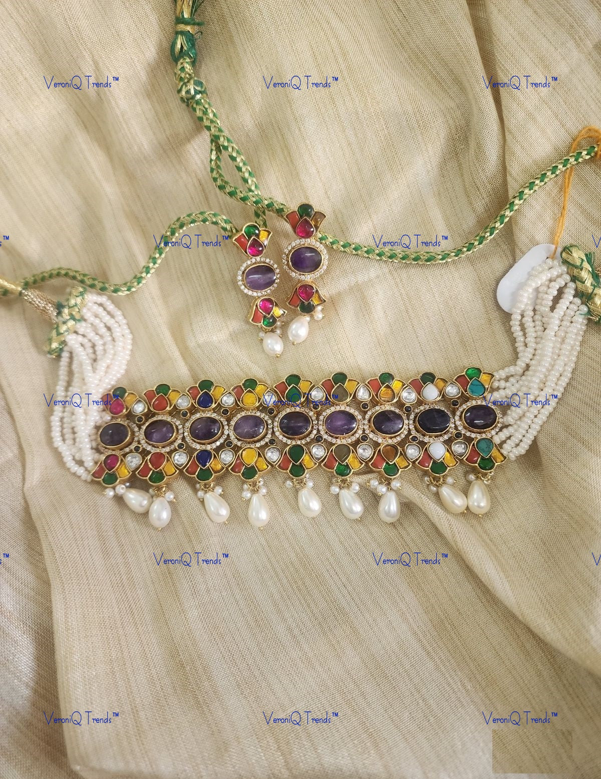 VeroniQ Trends-Victorian Amethyst and Multistrand Pearl Polki Choker Necklace Polki-Amethyst Stone-Gold Plated-Wedding Jewellery-Punjabi Jewellery-South Indian-Thappa Jewellery