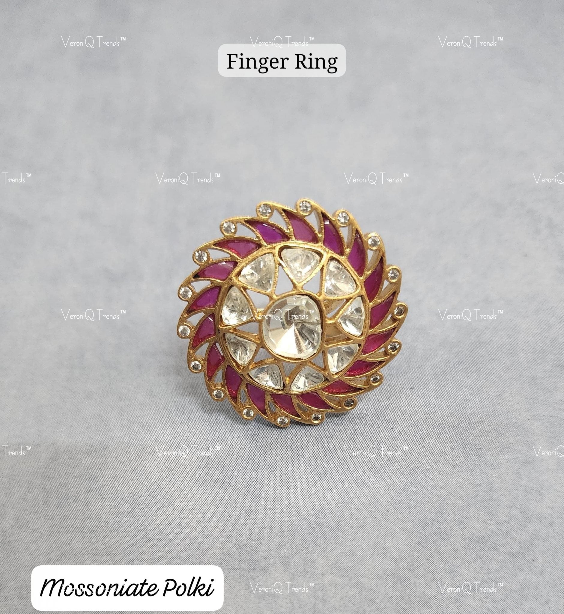 VeroniQ Trends-Traditional Ruby Moissanite Polki Gold Plated Finger Ring Polki-Gold Plated-Wedding Jewellery-Punjabi Jewellery-South Indian-Thappa Jewellery