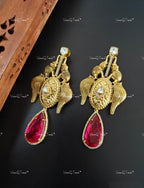 VeroniQ Trends-Gold Plated Elephant Design Multi Stone And Polki Earrings Polki-Gold Plated-Wedding Jewelry-Punjabi Jewelry-South Indian-Thappa Jewelry