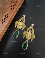 VeroniQ Trends-Gold Plated Elephant Design Multi Stone And Polki Earrings Polki-Gold Plated-Wedding Jewelry-Punjabi Jewelry-South Indian-Thappa Jewelry