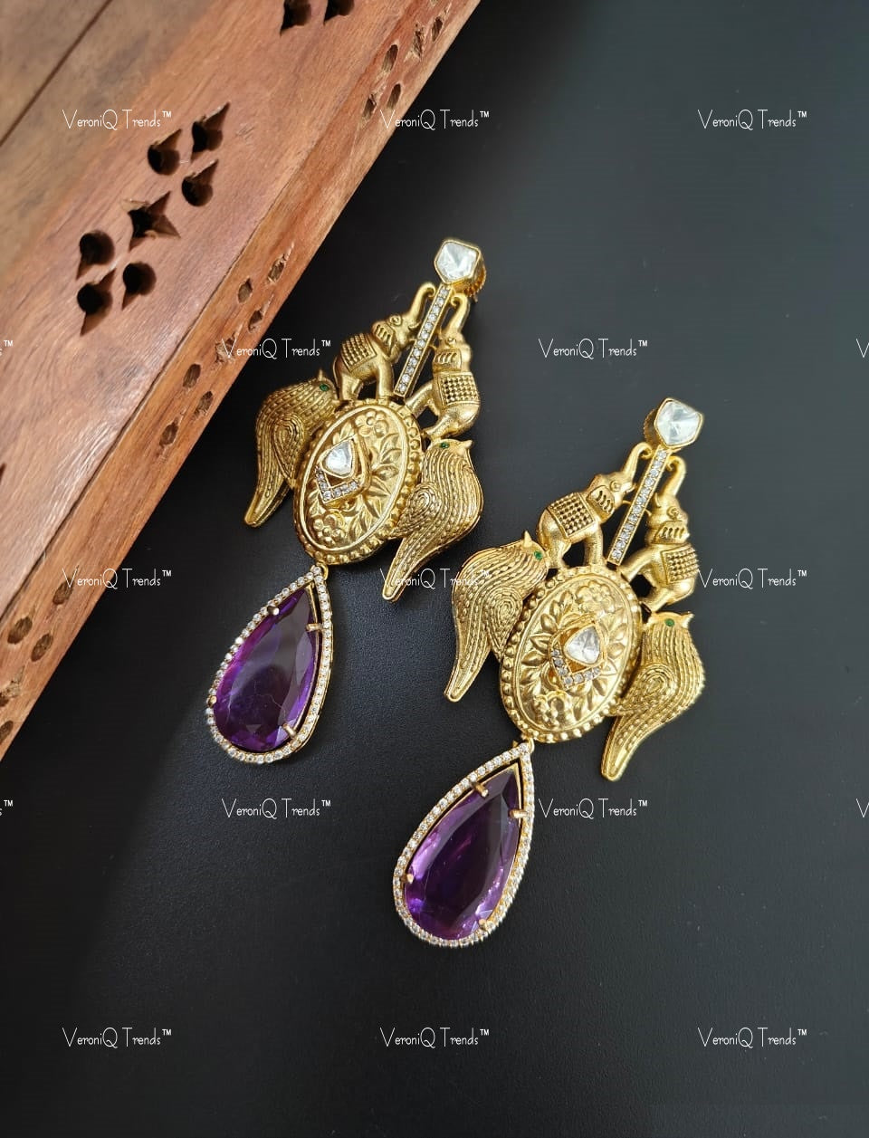 VeroniQ Trends-Gold Plated Elephant Design Multi Stone And Polki Earrings Polki-Gold Plated-Wedding Jewellery-Punjabi Jewellery-South Indian-Thappa Jewellery