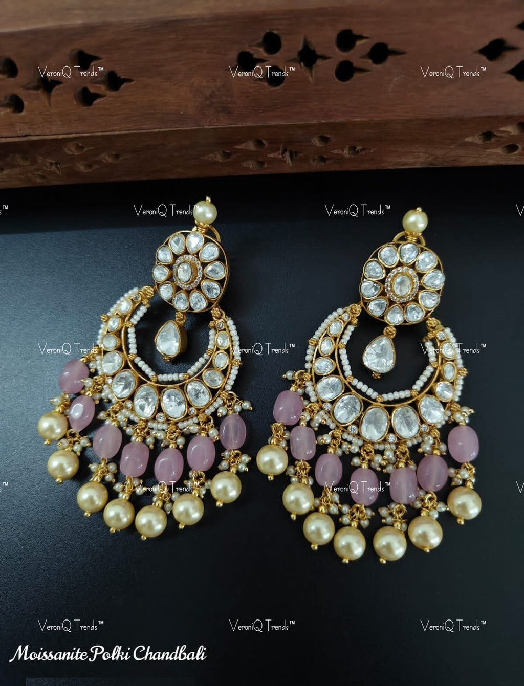VeroniQ Trends-Pearl and Polki Gold Plated Chandbali Earrings Polki-Gold Plated-Wedding Jewellery-Punjabi Jewellery-South Indian-Thappa Jewellery
