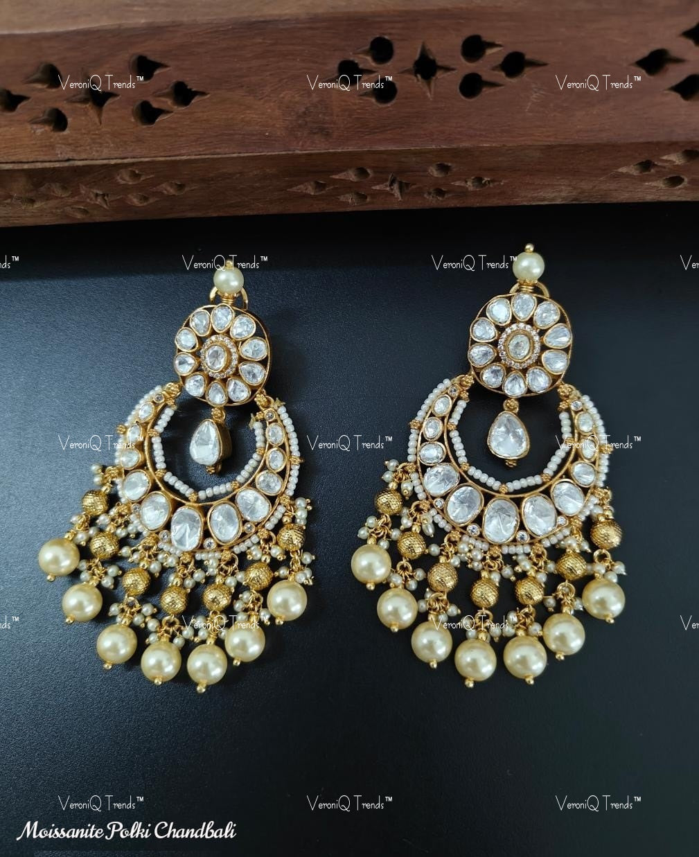 VeroniQ Trends-Pearl and Polki Gold Plated Chandbali Earrings Polki-Gold Plated-Wedding Jewellery-Punjabi Jewellery-South Indian-Thappa Jewellery