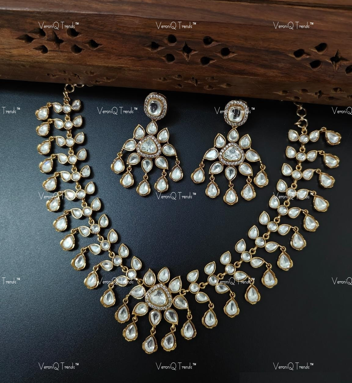 VeroniQ Trends-Floral Gold Plated Polki Necklace Set Polki-Gold Plated-Wedding Jewellery-Punjabi Jewellery-South Indian-Thappa Jewellery