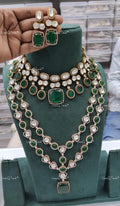 VeroniQ Trends-Emerald Green Bridal Polki Multi-Layer Long Necklace Set Polki-Emerald Stone-Gold Plated-Wedding Jewellery-Punjabi Jewellery-South Indian-Thappa Jewellery
