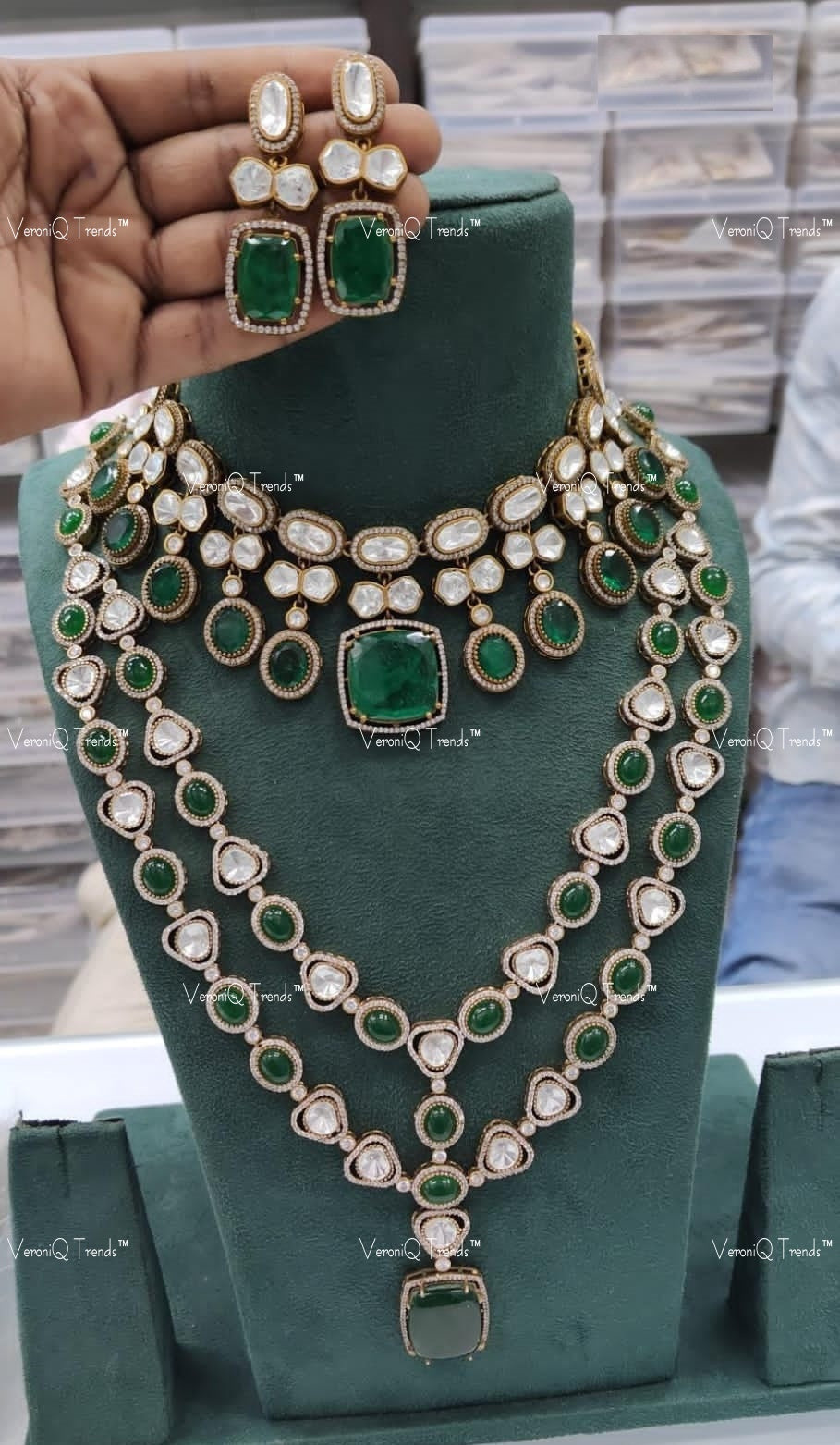 VeroniQ Trends-Emerald Green Bridal Polki Multi-Layer Long Necklace Set Polki-Emerald Stone-Gold Plated-Wedding Jewellery-Punjabi Jewellery-South Indian-Thappa Jewellery