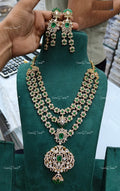VeroniQ Trends-Bridal Layered Uncut Diamond Look Polki Long Necklace Set With Peacock Motif Polki-Emerald Stone-Gold Plated-Wedding Jewellery-Punjabi Jewellery-South Indian-Thappa Jewellery