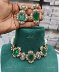 VeroniQ Trends-Royal Victorian Emerald Green Oval Flower Polki Choker Necklace Polki-Emerald Stone-Gold Plated-Wedding Jewellery-Punjabi Jewellery-South Indian-Thappa Jewellery