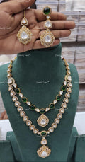 VeroniQ Trends-Bridal Diamond Look Polki Two-Layer Long Necklace Set With Emerald Green Beryls Polki-Emerald Stone-Gold Plated-Wedding Jewellery-Punjabi Jewellery-South Indian-Thappa Jewellery