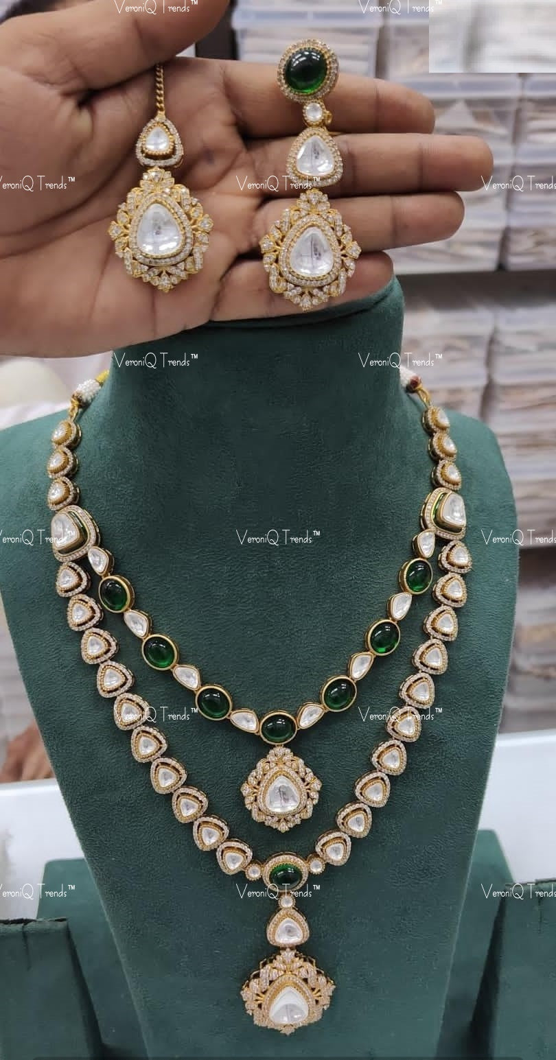 VeroniQ Trends-Bridal Diamond Look Polki Two-Layer Long Necklace Set With Emerald Green Beryls Polki-Emerald Stone-Gold Plated-Wedding Jewellery-Punjabi Jewellery-South Indian-Thappa Jewellery