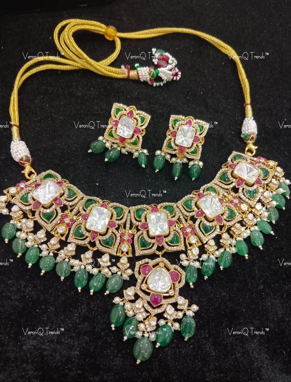 VeroniQ Trends-Victorian Bridal Ruby Emerald and Polki Silver Moissanite Necklace Set 92.5 Silver Mossianite Diamond Polki-Emerald Stone-Ruby Stone-Gold Plated-Wedding Jewelry-Punjabi Jewelry-South Indian-Thappa Jewelry