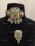 VeroniQ Trends-Victorian Bridal Emerald and Polki Silver Moissanite Choker Necklace Set 92.5 Silver Mossianite Diamond Polki-Emerald Stone-Gold Plated-Wedding Jewellery-Punjabi Jewellery-South Indian-Thappa Jewellery