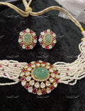 VeroniQ Trends-Victorian Bridal Multistrand Pearl Emerald And Polki Silver Moissanite Choker Necklace Set 92.5 Silver Mossianite Diamond Polki-Emerald Stone-Gold Plated-Wedding Jewellery-Punjabi Jewellery-South Indian-Thappa Jewellery