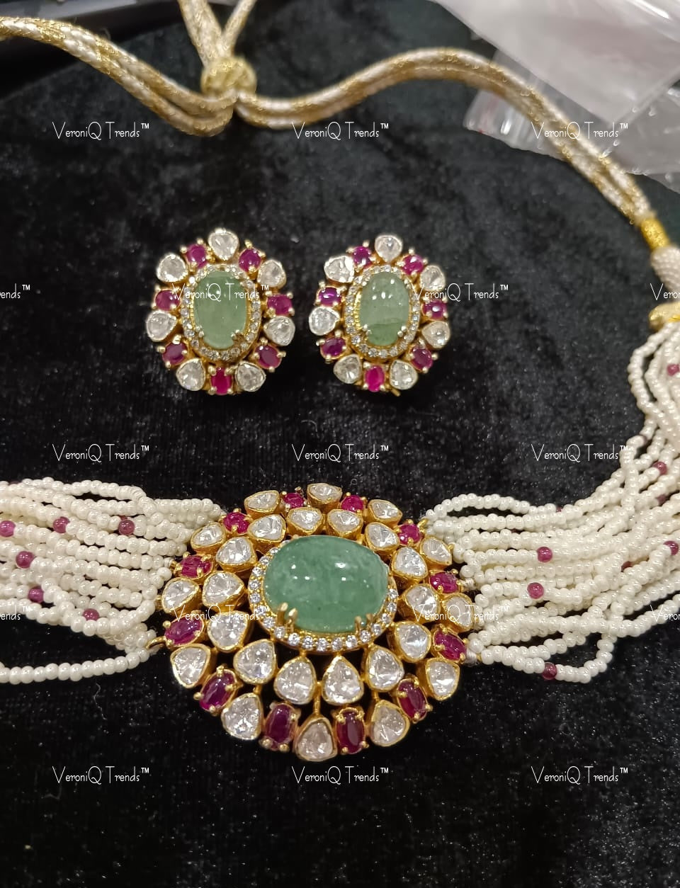 VeroniQ Trends-Victorian Bridal Multistrand Pearl Emerald And Polki Silver Moissanite Choker Necklace Set 92.5 Silver Mossianite Diamond Polki-Emerald Stone-Gold Plated-Wedding Jewellery-Punjabi Jewellery-South Indian-Thappa Jewellery
