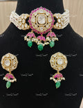 VeroniQ Trends-Victorian Bridal Ruby and Polki Silver Moissanite Choker Necklace Set 92.5 Silver Mossianite Diamond Polki-Ruby Stone-Gold Plated-Wedding Jewelry-Punjabi Jewelry-South Indian-Thappa Jewelry