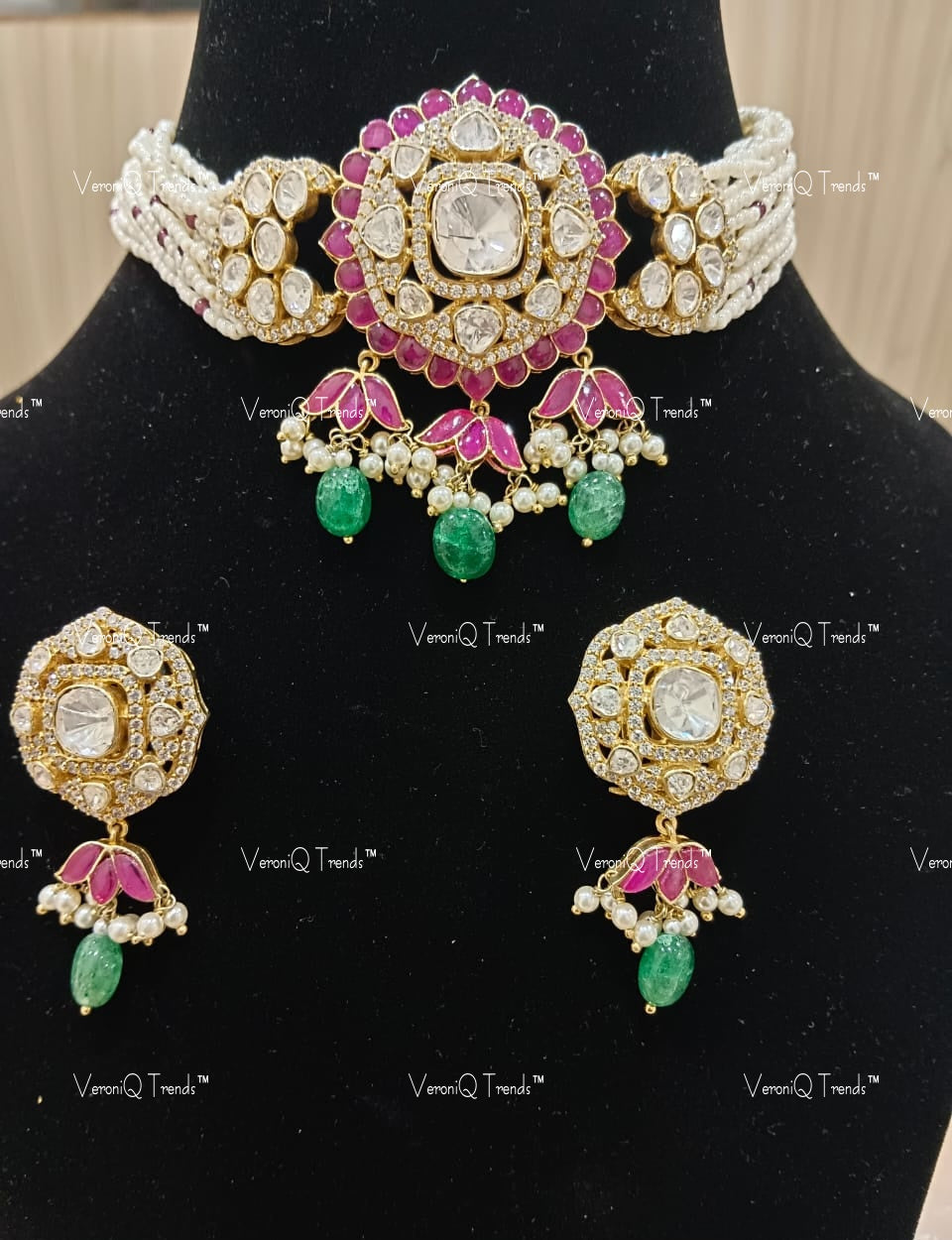 VeroniQ Trends-Victorian Bridal Ruby and Polki Silver Moissanite Choker Necklace Set 92.5 Silver Mossianite Diamond Polki-Ruby Stone-Gold Plated-Wedding Jewelry-Punjabi Jewelry-South Indian-Thappa Jewelry
