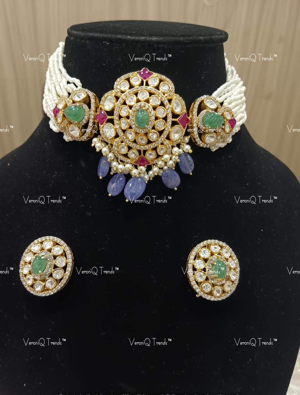 VeroniQ Trends-Victorian Bridal Multistrand Pearl Emerald And Polki Silver Moissanite Choker Necklace With Sapphire Beads 92.5 Silver Mossianite Diamond Polki-Emerald Stone-Gold Plated-Wedding Jewellery-Punjabi Jewellery-South Indian-Thappa Jewellery