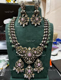 VeroniQ Trends-Victorian Bridal Pink Stone and Polki Silver Moissanite Long Necklace With Peacock Motif 92.5 Silver Mossianite Diamond Polki-Gold Plated-Wedding Jewellery-Punjabi Jewellery-South Indian-Thappa Jewellery