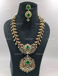 VeroniQ Trends-Victorian Bridal Emerald And Polki Silver Moissanite Long Necklace With Peaccok Motif 92.5 Silver Mossianite Diamond Polki-Emerald Ston-Gold Plated-Wedding Jewellery-Punjabi Jewellery-South Indian-Thappa Jewellery