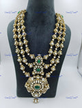 VeroniQ Trends-Victorian Bridal Three Line Emerald and Polki Silver Moissanite Long Necklace 92.5 Silver Mossianite Diamond Polki-Emerald Stone-Gold Plated-Wedding Jewelry-Punjabi Jewelry-South Indian-Thappa Jewelry