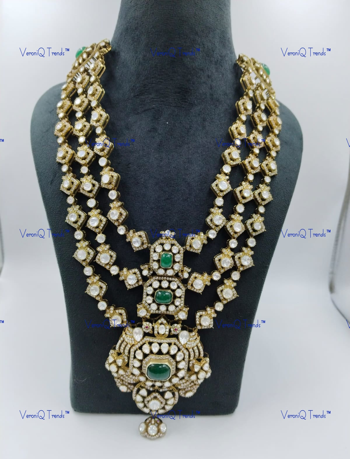 VeroniQ Trends-Victorian Bridal Three Line Emerald and Polki Silver Moissanite Long Necklace 92.5 Silver Mossianite Diamond Polki-Emerald Stone-Gold Plated-Wedding Jewelry-Punjabi Jewelry-South Indian-Thappa Jewelry