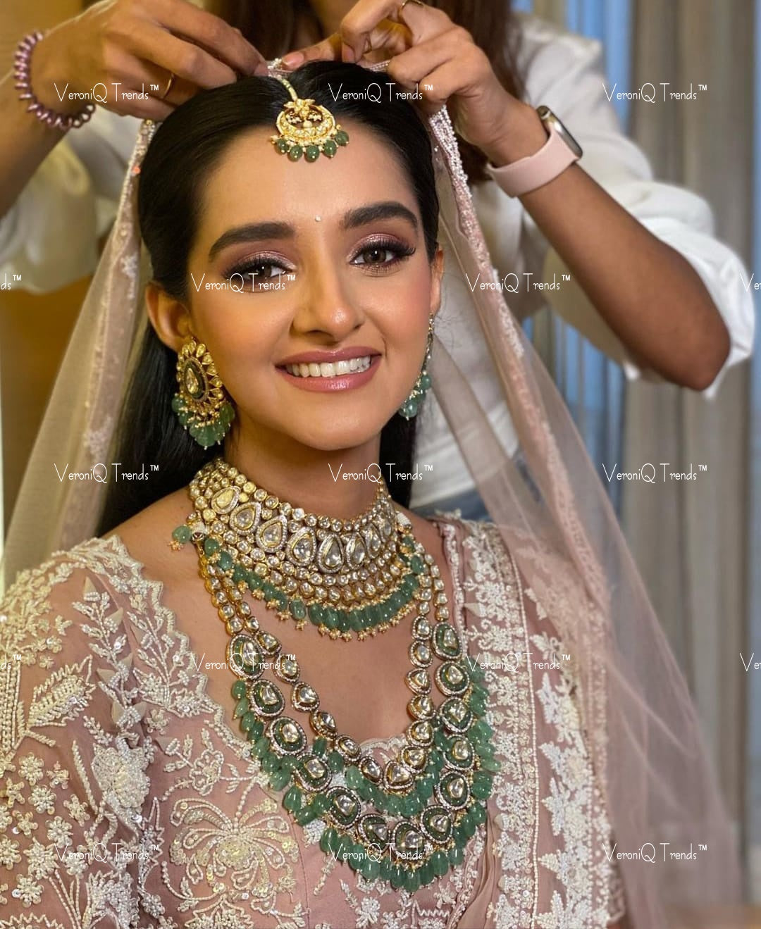 VeroniQ Trends-Victorian Bridal Uncut Polki And Emerald Silver Moissanite Choker and Long Necklace Set 92.5 Silver Mossianite Diamond Polki-Gold Plated-Wedding Jewelry-Punjabi Jewelry-South Indian-Thappa Jewelry