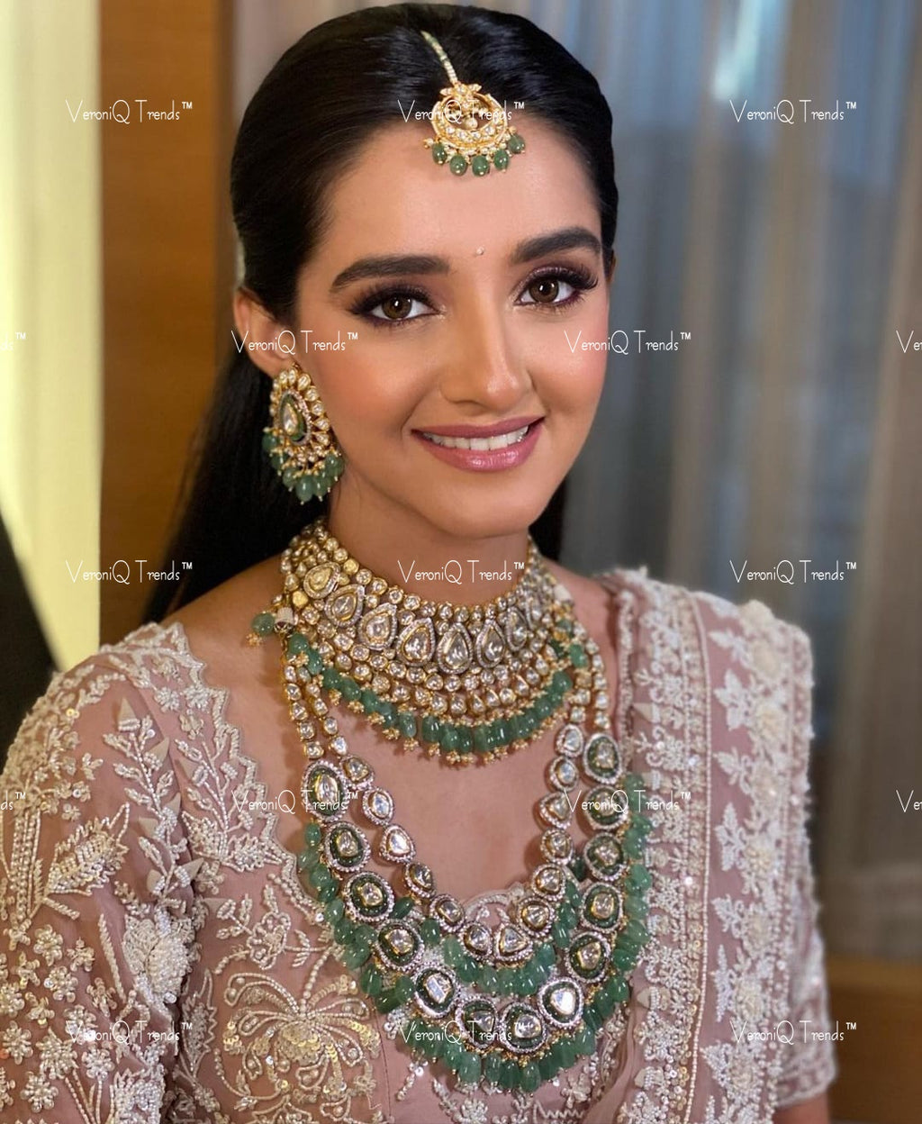 VeroniQ Trends-Victorian Bridal Uncut Polki And Emerald Silver Moissanite Choker and Long Necklace Set 92.5 Silver Mossianite Diamond Polki-Gold Plated-Wedding Jewelry-Punjabi Jewelry-South Indian-Thappa Jewelry