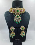VeroniQ Trends-Victorian Bridal Emerald And Polki Silver Moissanite Choker Necklace 92.5 Silver Mossianite Diamond Polki-Emerald Stone-Gold Plated-Wedding Jewellery-Punjabi Jewellery-South Indian-Thappa Jewellery
