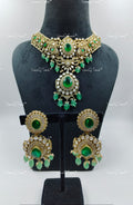 VeroniQ Trends-Victorian Bridal Emerald And Polki Silver Moissanite Dangler Necklace With Emerald Green Beads 92.5 Silver Mossianite Diamond Polki-Emerald Stone-Gold Plated-Wedding Jewellery-Punjabi Jewellery-South Indian-Thappa Jewellery