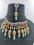VeroniQ Trends-Victorian Bridal Amethyst And Polki Silver Moissanite Choker Necklace With Emerald Green Beads 92.5 Silver Mossianite Diamond Polki-Amethyst Stone-Gold Plated-Wedding Jewellery-Punjabi Jewellery-South Indian-Thappa Jewellery