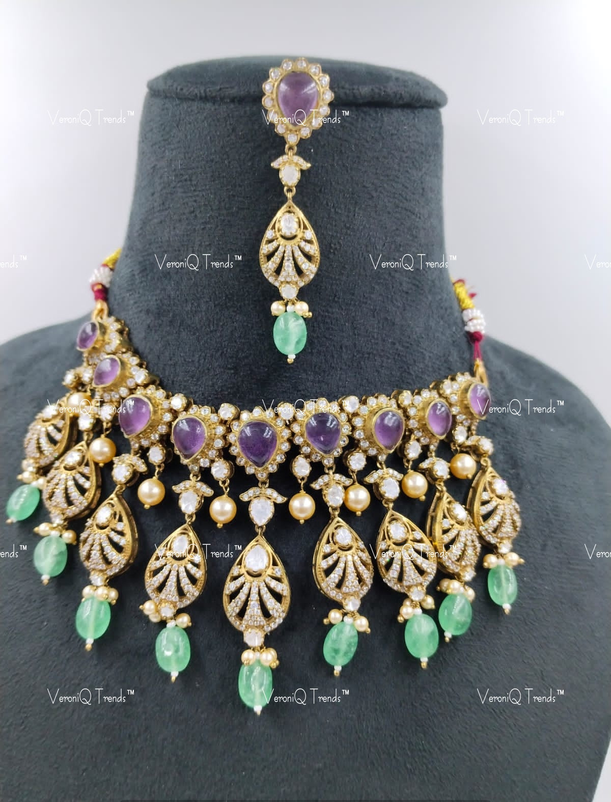 VeroniQ Trends-Victorian Bridal Amethyst And Polki Silver Moissanite Choker Necklace With Emerald Green Beads 92.5 Silver Mossianite Diamond Polki-Amethyst Stone-Gold Plated-Wedding Jewellery-Punjabi Jewellery-South Indian-Thappa Jewellery