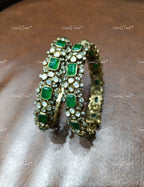 VeroniQ Trends-Traditional Victorian Polki And Emerald Silver Moissanite Bangles 92.5 Silver Mossianite Diamond Polki-Emerald Stone-Gold Plated-Wedding Jewelry-Punjabi Jewelry-South Indian-Thappa Jewelry