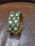 VeroniQ Trends-Victorian Big Polki And Emerald Silver Moissanite Bangles 92.5 Silver Mossianite Diamond Polki-Emerald Stone-Gold Plated-Wedding Jewellery-Punjabi Jewellery-South Indian-Thappa Jewellery