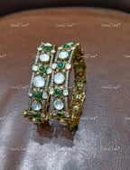 VeroniQ Trends-Victorian Big Polki And Emerald Silver Moissanite Bangles 92.5 Silver Mossianite Diamond Polki-Emerald Stone-Gold Plated-Wedding Jewelry-Punjabi Jewelry-South Indian-Thappa Jewelry