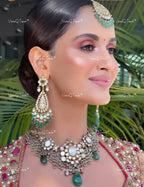 VeroniQ Trends-Victorian Bridal Pachi Kundan Choker Necklace with Emerald Green Beads Pachi-Gold Plated-Wedding Jewelry-Punjabi Jewelry-South Indian-Thappa Jewelry