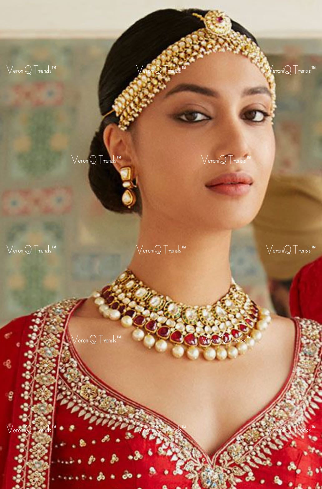 VeroniQ Trends-Victorian Bridal Ruby And Polki Pachi Necklace with Matha Patti Pachi-Ruby Stone-Gold Plated-Wedding Jewelry-Punjabi Jewelry-South Indian-Thappa Jewelry