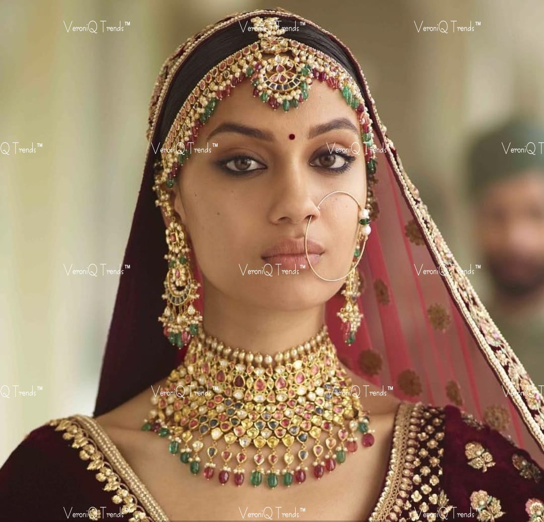 VeroniQ Trends-Victorian Bridal Multicolor Pachi Kundan Gold Plated Choker Necklace With Matha Patti and Earrings Pachi-Gold Plated-Wedding Jewellery-Punjabi Jewellery-South Indian-Thappa Jewelr