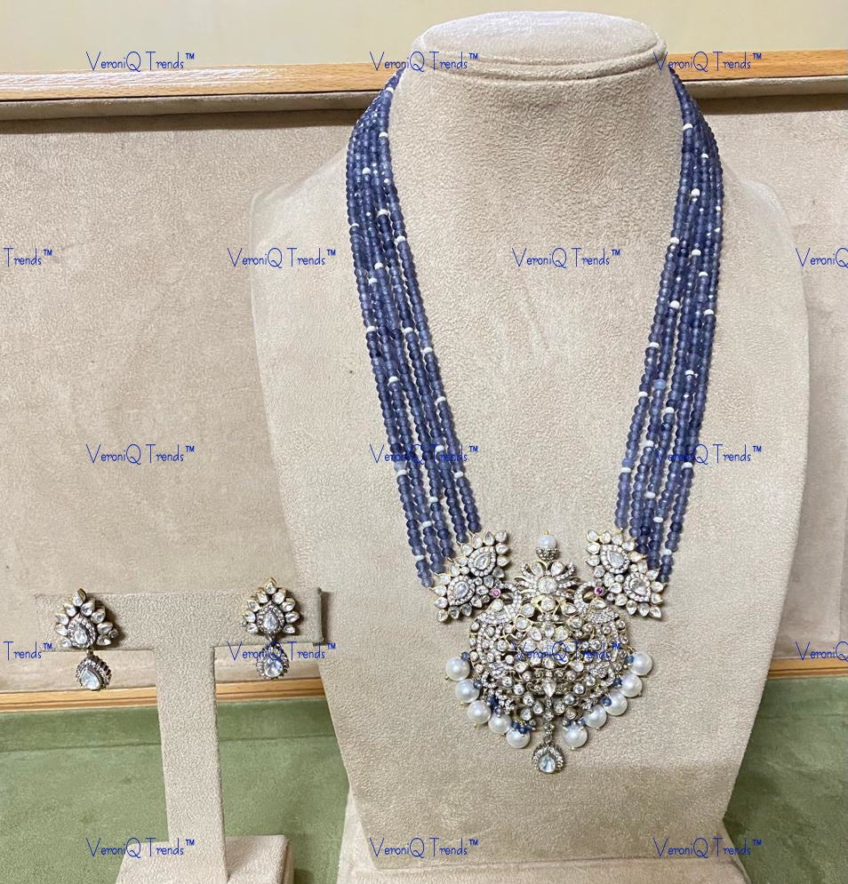 VeroniQ Trends-Victorian Sapphire Beads Pearl And Polki Long Silver Necklace With Peacock Motif 92.5 Silver Moissanite Diamond Polki-Fresh Water Pearl-Gold Plated-Wedding Jewellery-Punjabi Jewellery-South Indian-Thappa Jewellery